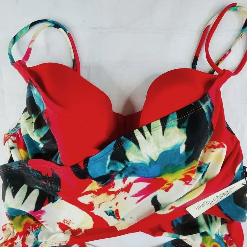 Lela Rose Cacique Tankini Womens 40D Swim Bra Red Floral Summer Vacation NEW!